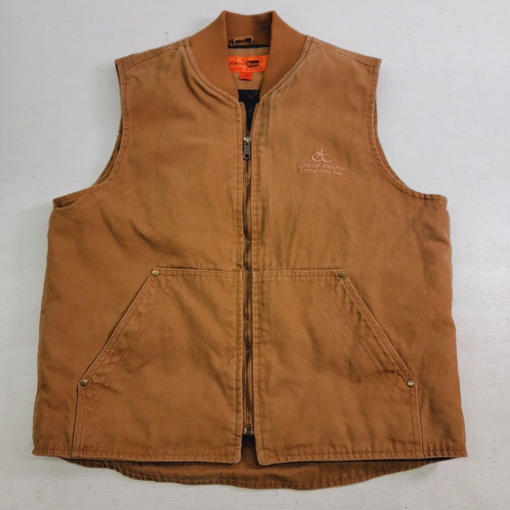Corner Stone Brown Quilt Lined Canvas Work Vest‎ Jacket Logo'd Men's Sz L EUC